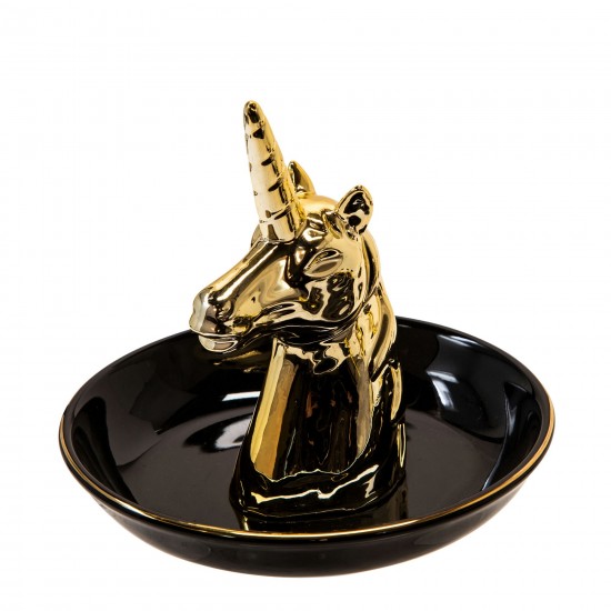 Ceramic 6" Unicorn Trinket Tray, Black/gold