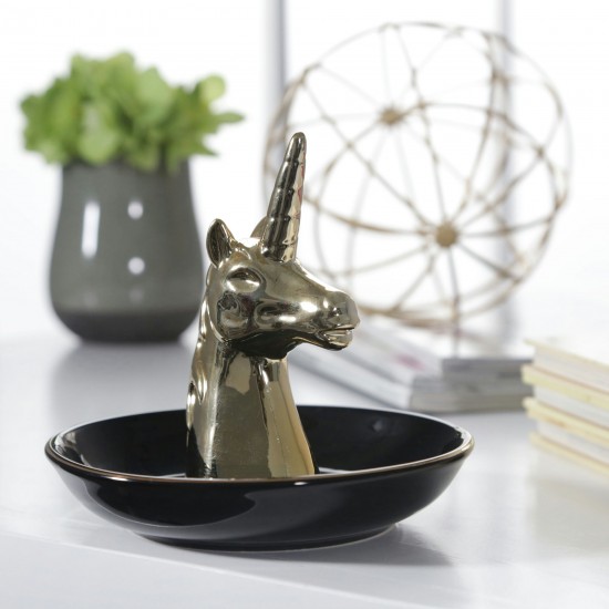 Ceramic 6" Unicorn Trinket Tray, Black/gold