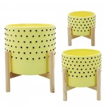 10" Dotted Planter W/ Wood Stand, Yellow