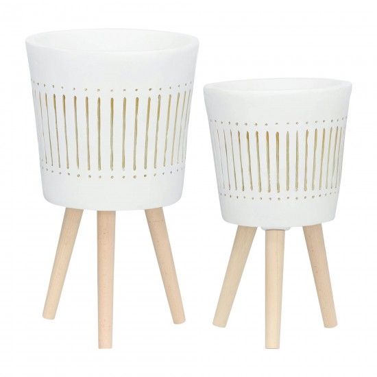 S/2 10/12" Planter W/ Wood Legs, White (kd)