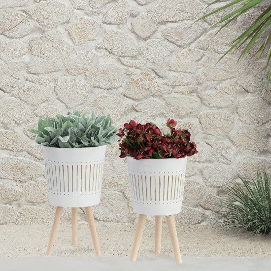 S/2 10/12" Planter W/ Wood Legs, White (kd)