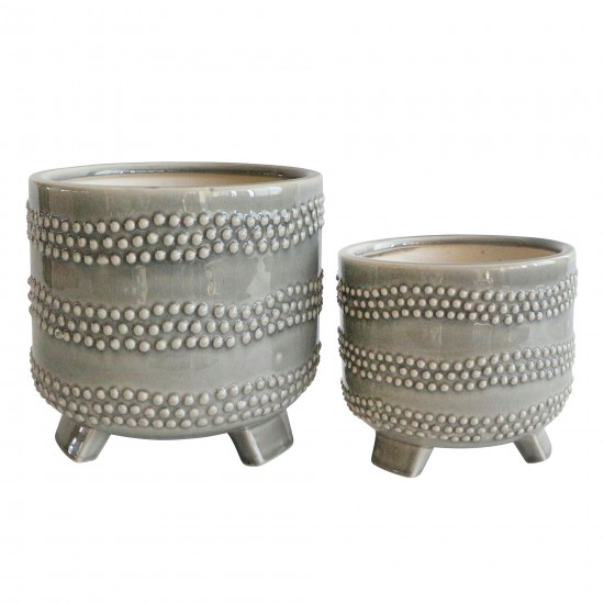 S/2 6/8" Footed Planter W/ Dots, Gray