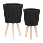 S/2 10/12" Ridged Planter W/ Wood Legs, Black (kd)