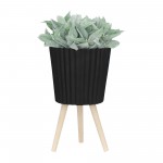 S/2 10/12" Ridged Planter W/ Wood Legs, Black (kd)