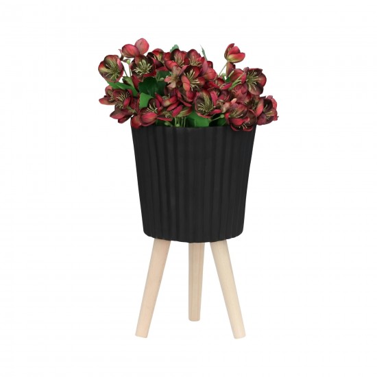 S/2 10/12" Ridged Planter W/ Wood Legs, Black (kd)