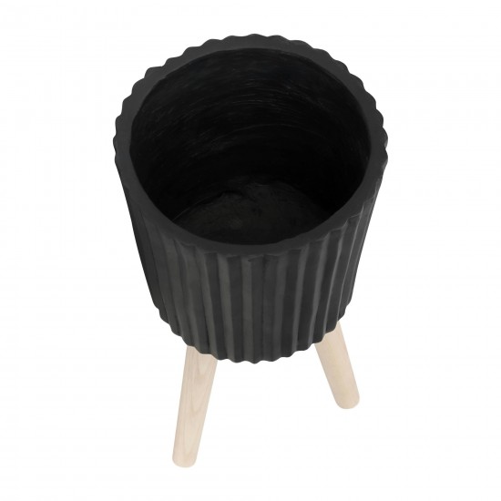 S/2 10/12" Ridged Planter W/ Wood Legs, Black (kd)