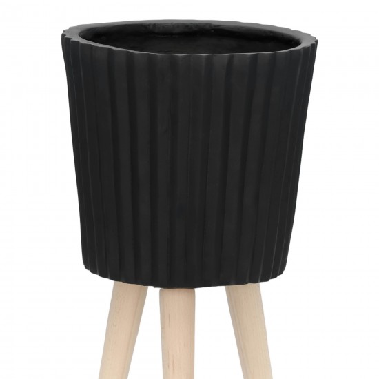 S/2 10/12" Ridged Planter W/ Wood Legs, Black (kd)