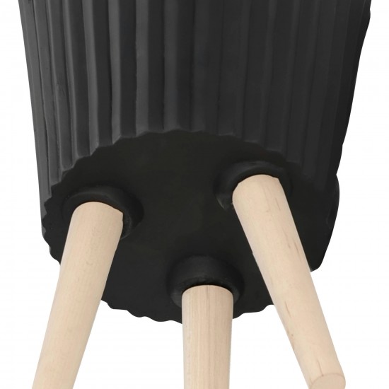 S/2 10/12" Ridged Planter W/ Wood Legs, Black (kd)