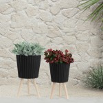 S/2 10/12" Ridged Planter W/ Wood Legs, Black (kd)