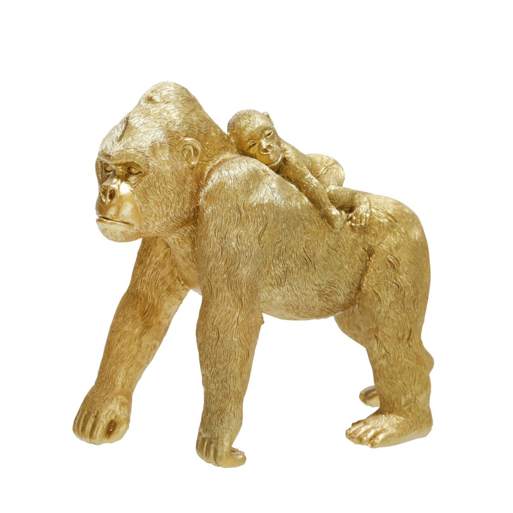 Polyresin 8" Gorilla W/ Baby Figurine, Gold