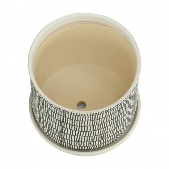 S/2 Ceramic 6/8" Planter W/ Saucer, Beige, Dense Lines