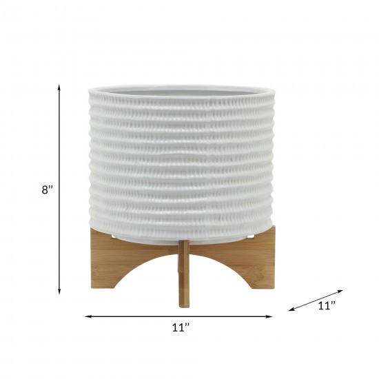 10" Textured Planter W/ Stand, White