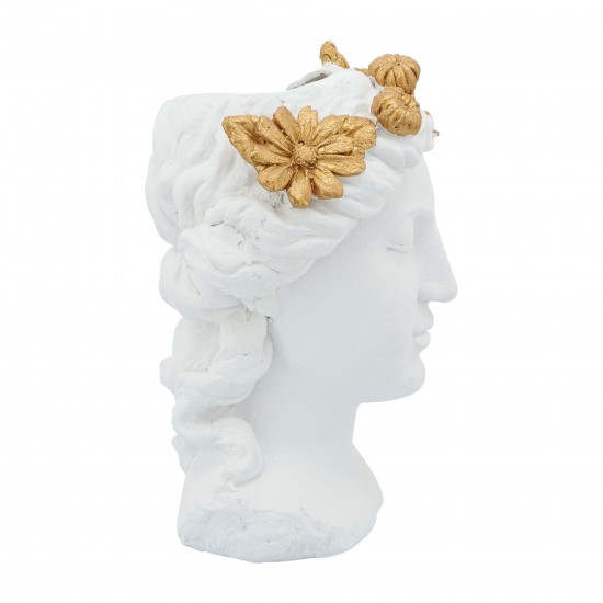 Resin, 16"h Daisies Lady Head Planter, White/gold