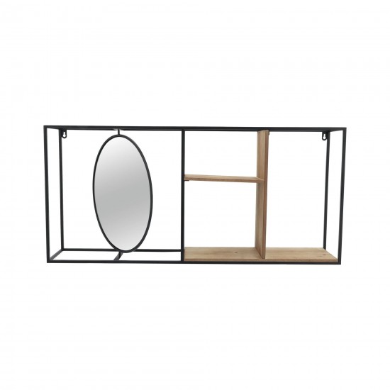 Metal/wood 34"l Wall Shelf With Mirror, Black/brow