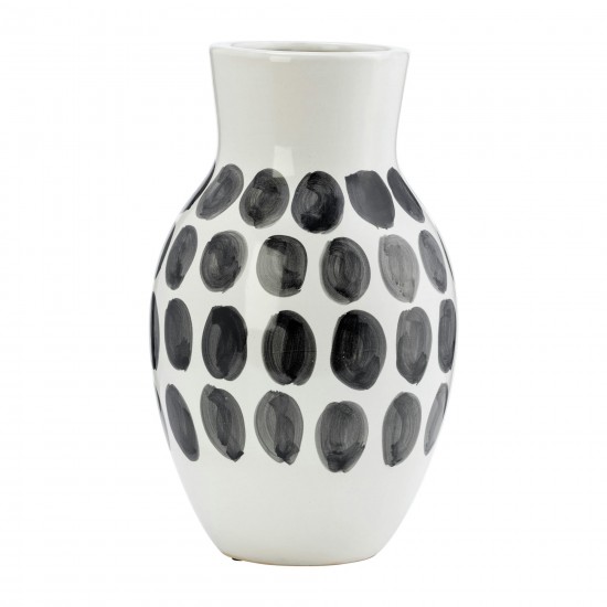 Cer, 10"h Blk Polk-a-dot Flower Vase, White