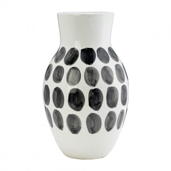 Cer, 10"h Blk Polk-a-dot Flower Vase, White