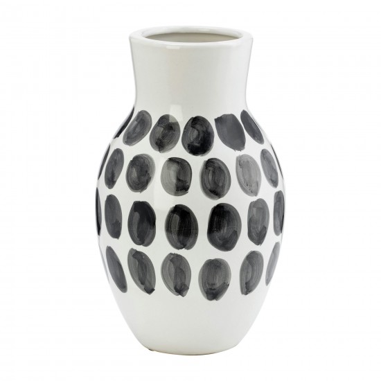 Cer, 10"h Blk Polk-a-dot Flower Vase, White