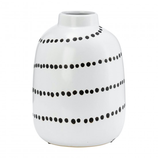 Cer, 9"h Spiral Dot Flower Vase, White/black