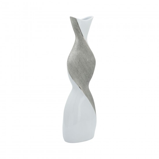 Ceramic 20" Twisted Vase, White/silver