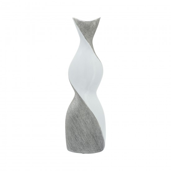 Ceramic 20" Twisted Vase, White/silver