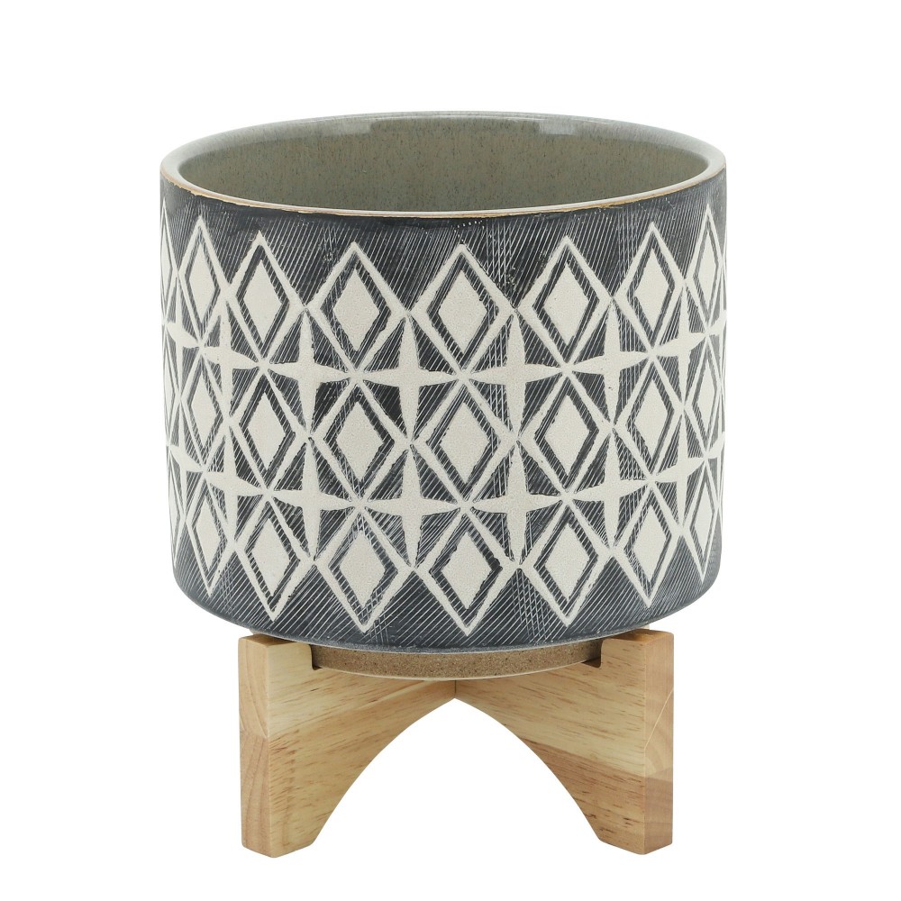 Ceramic 8" Planter On Stand, Gray, Romb Pattern