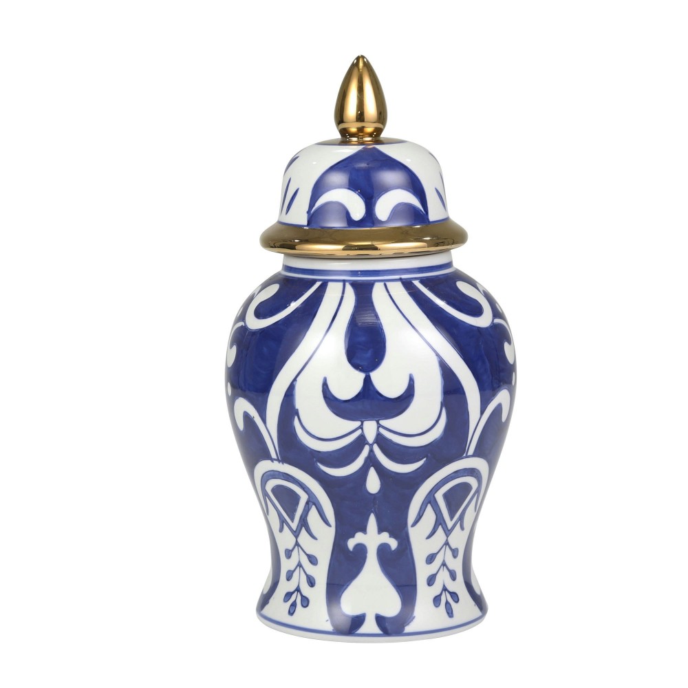 14" White/blue Temple Jar, Gold