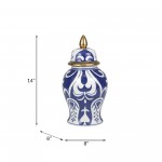 14" White/blue Temple Jar, Gold