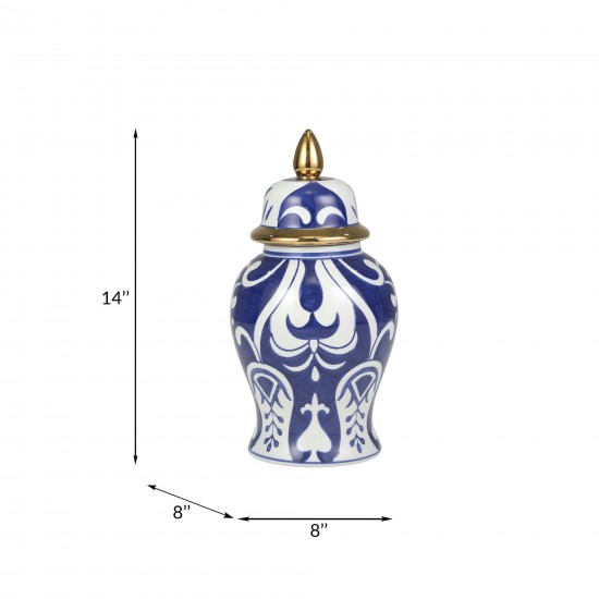 14" White/blue Temple Jar, Gold