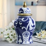 14" White/blue Temple Jar, Gold