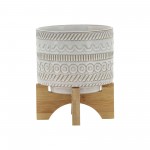 5" Tribal Planter W/ Wood Stand, Beige