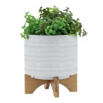 8" Tribal Planter W/ Wood Stand, White