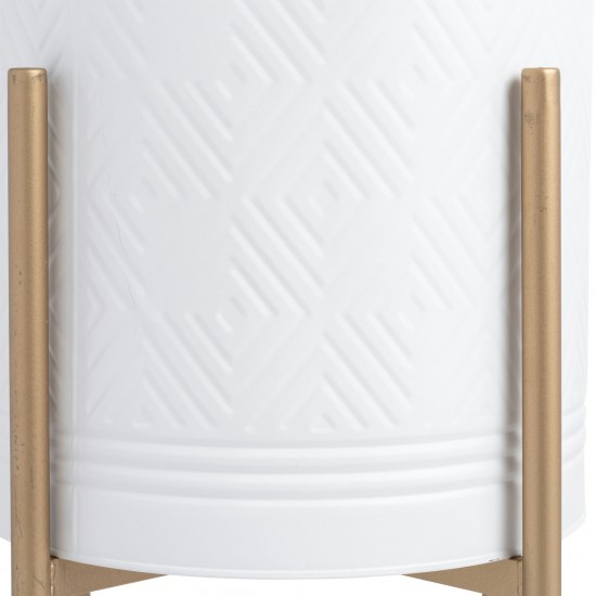 S/2 Aztec Planter On Metal Stand, White/gold