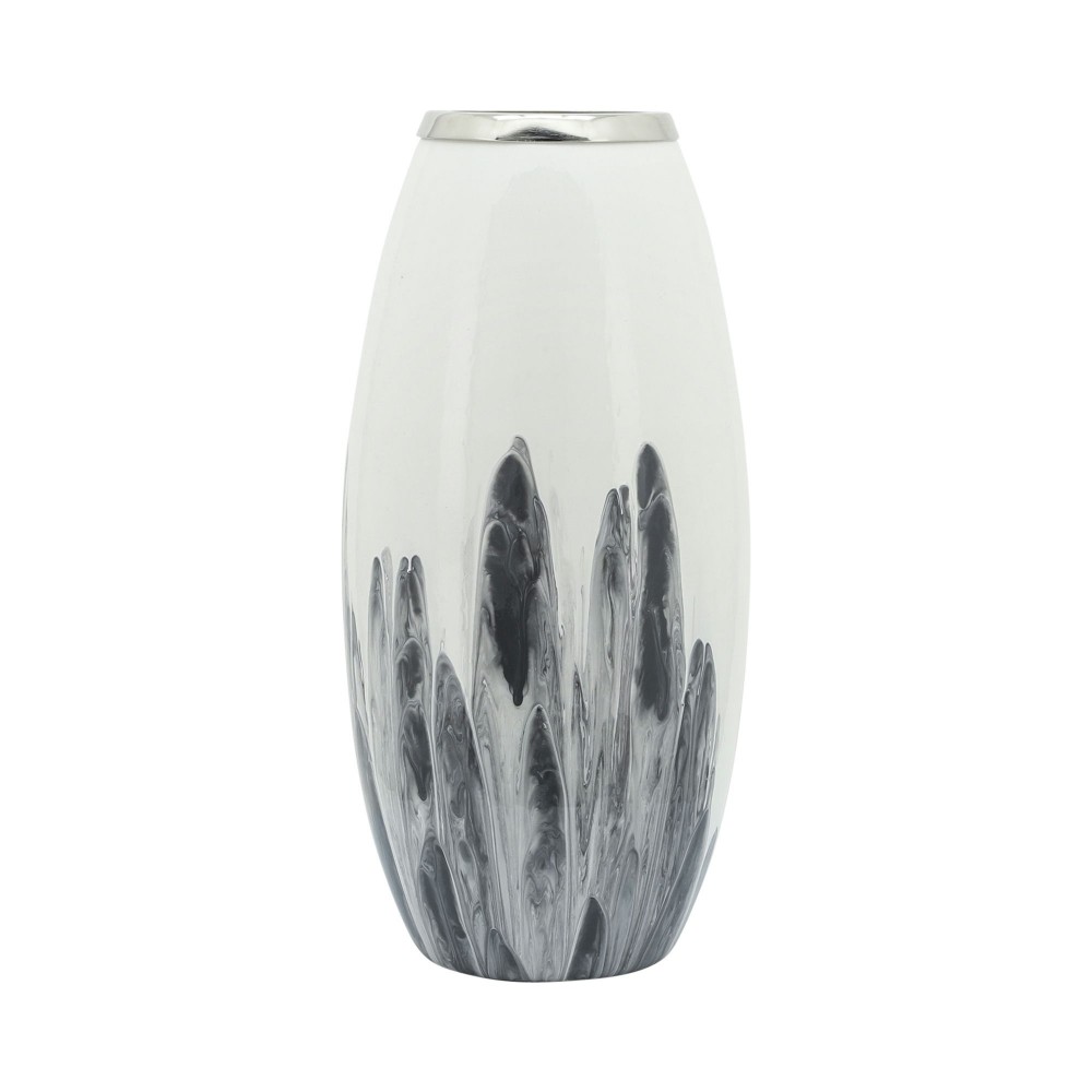 Glass, 18"h Vase W/ Metal Ring, White