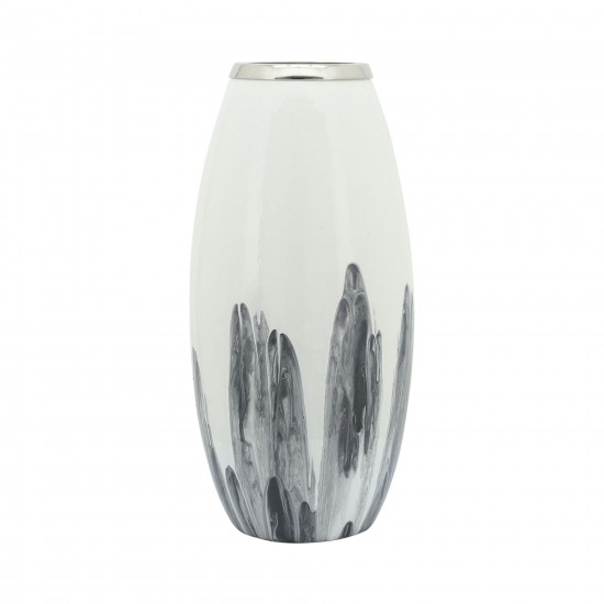 Glass, 18"h Vase W/ Metal Ring, White