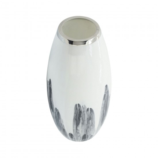 Glass, 18"h Vase W/ Metal Ring, White