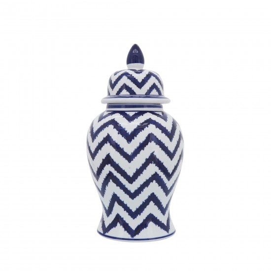 Cer, 14"h Chevron Temple Jar, Wht/blu