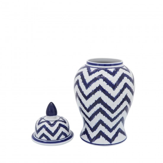 Cer, 14"h Chevron Temple Jar, Wht/blu