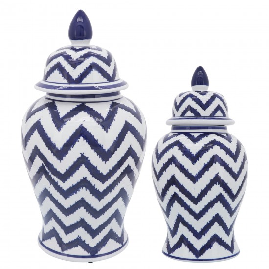 Cer, 14"h Chevron Temple Jar, Wht/blu