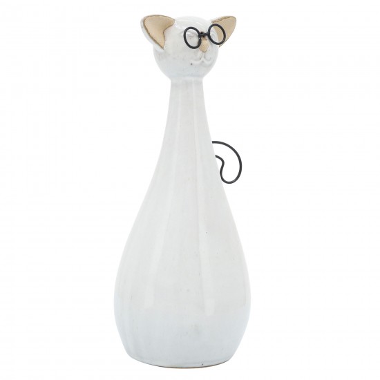 Cer, 10"h Chubby Cat W/ Glasses, Beige