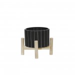 6" Ceramic Fluted Planter W/ Wood Stand, Black