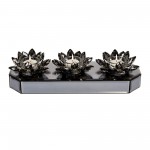 Glass 13" 3 Lotus Mirrored Candle Holder, Black