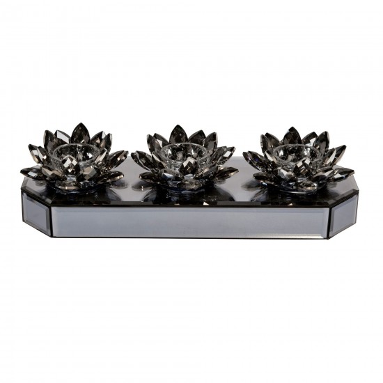 Glass 13" 3 Lotus Mirrored Candle Holder, Black