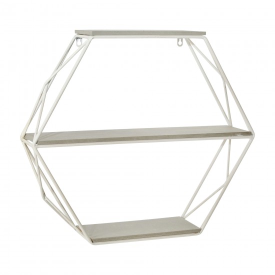 Metal/wood 3 Tier Hexagon Wall Shelf, Gray/white