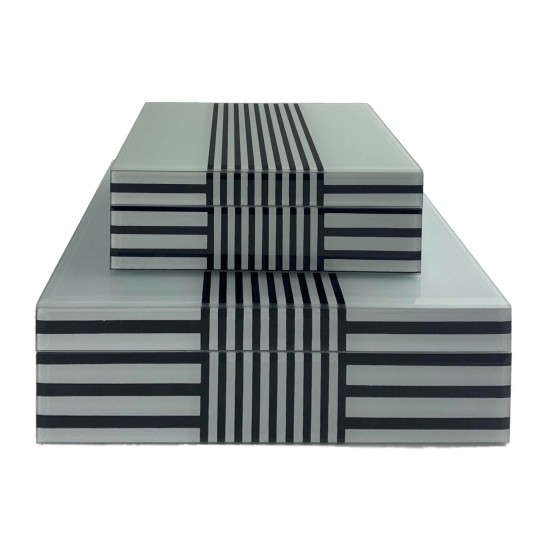 Wood, S/2 8/11" Striped Boxes, Black/white