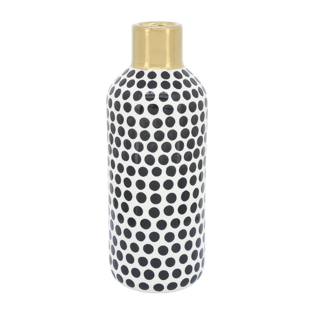 Cer, 12"h Polka Dots Vase, Gold/white