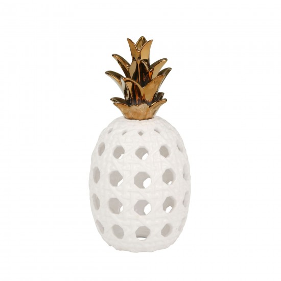 Ceramic 13" Lattice Weave Pineapple, White / Gold