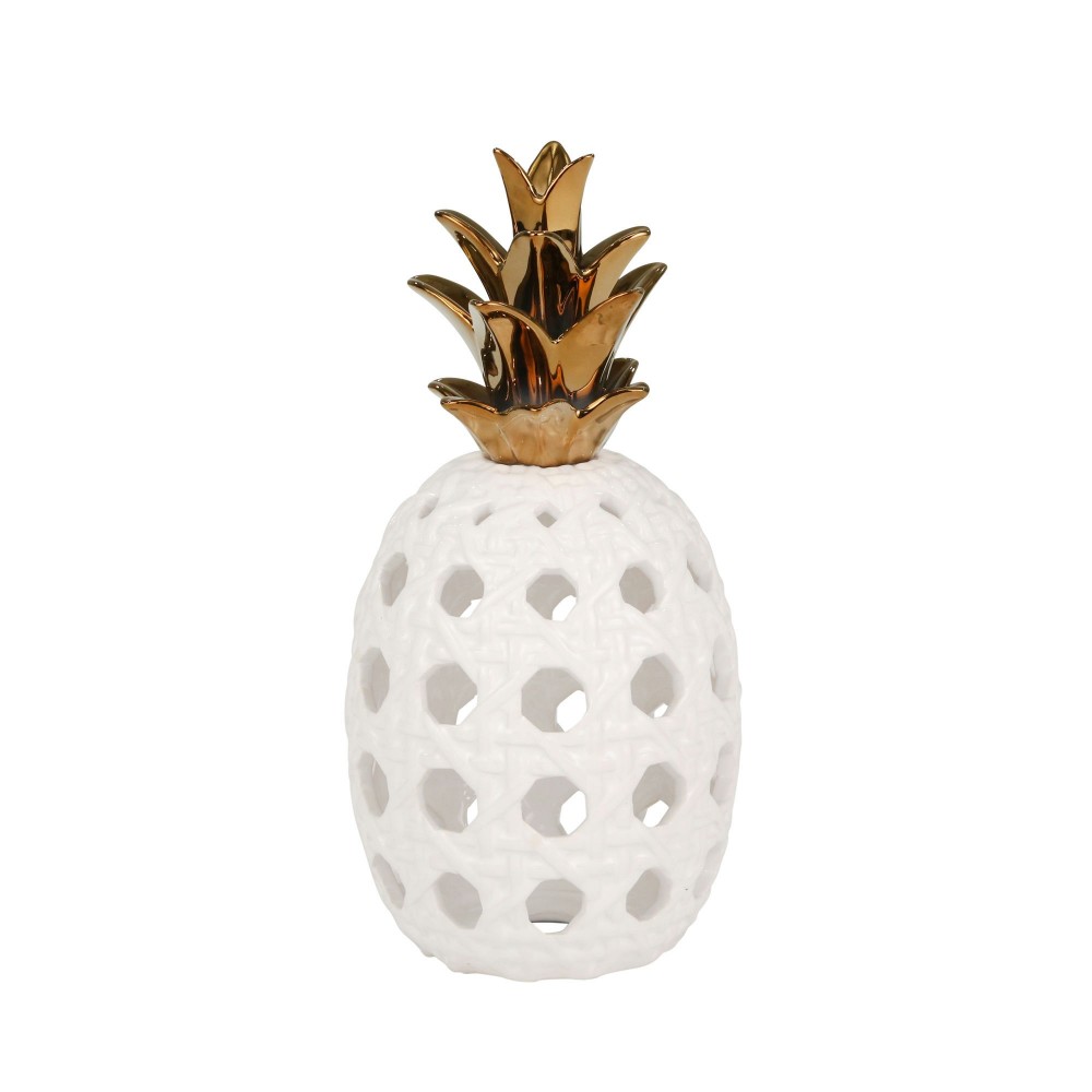 Ceramic 13" Lattice Weave Pineapple, White / Gold