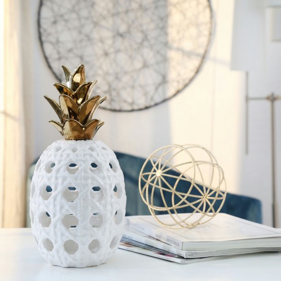 Ceramic 13" Lattice Weave Pineapple, White / Gold