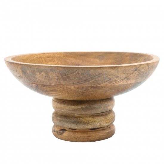 Wood, 12" Round Bowl W/ Ribbed Base, Natural