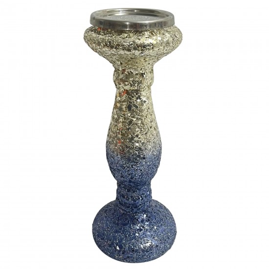 12" Silver Blue, Crackled Candle Holder